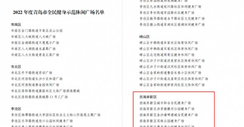 城市陽臺(tái)景區(qū)、金沙灘啤酒城、雙珠公園獲評(píng)“2022年度青島市全民健身示范休閑廣場(chǎng)”